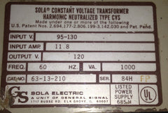 Sola Constant Voltage Transformer, 1kva, 120v